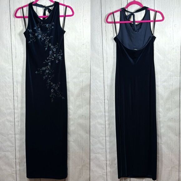 90s Navy Blue Velvet Floral Maxi Dress Y2K Glam Eveningwear Soft Goth - Picture 1 of 15